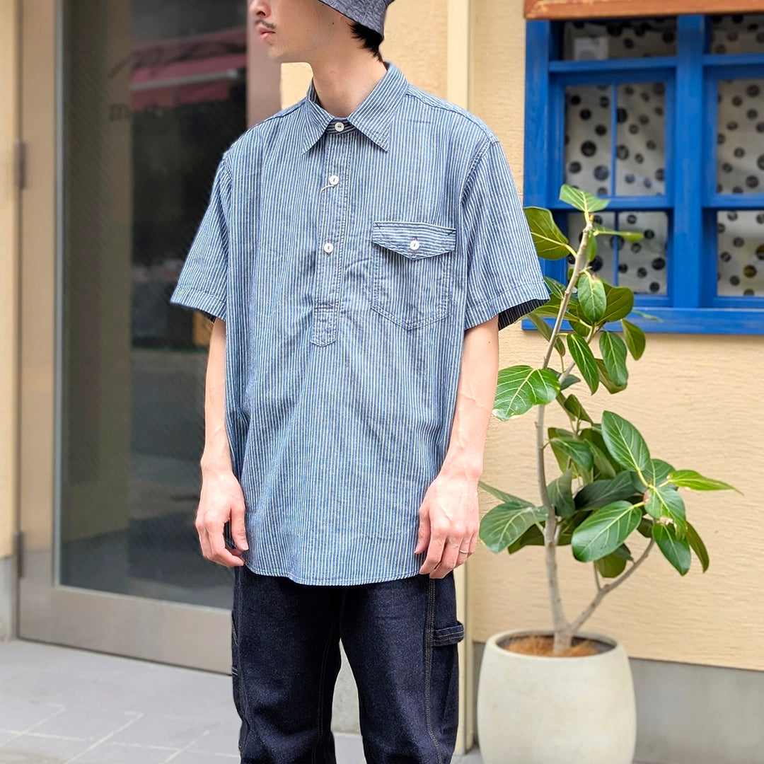 POST O'ALLS - NAVY CUT S/S : stripe chambray indigo - 3213S-SC