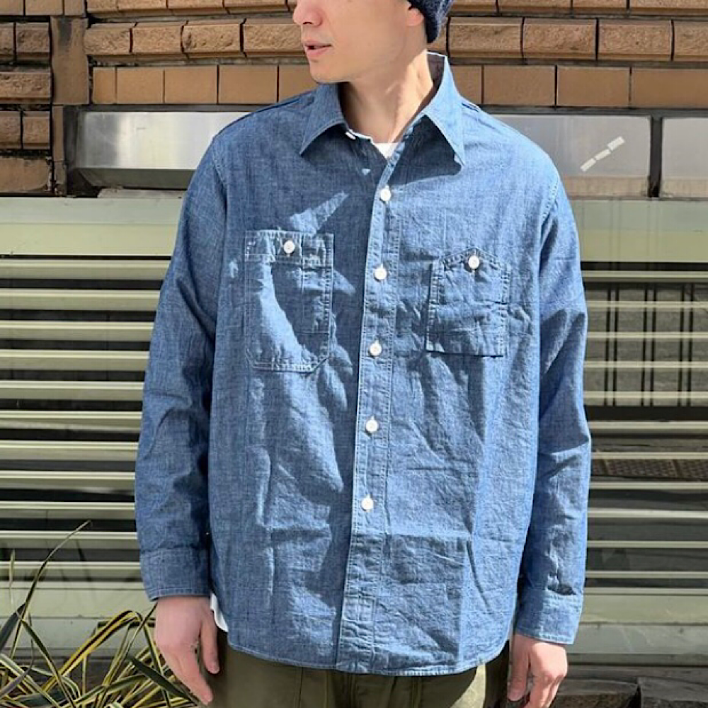 POST OVERALLS(ポストオーバーオールズ(シャンブレーシャツ)L POST OVERALLS(ポストオーバーオールズ(シャンブレーシャツ)L