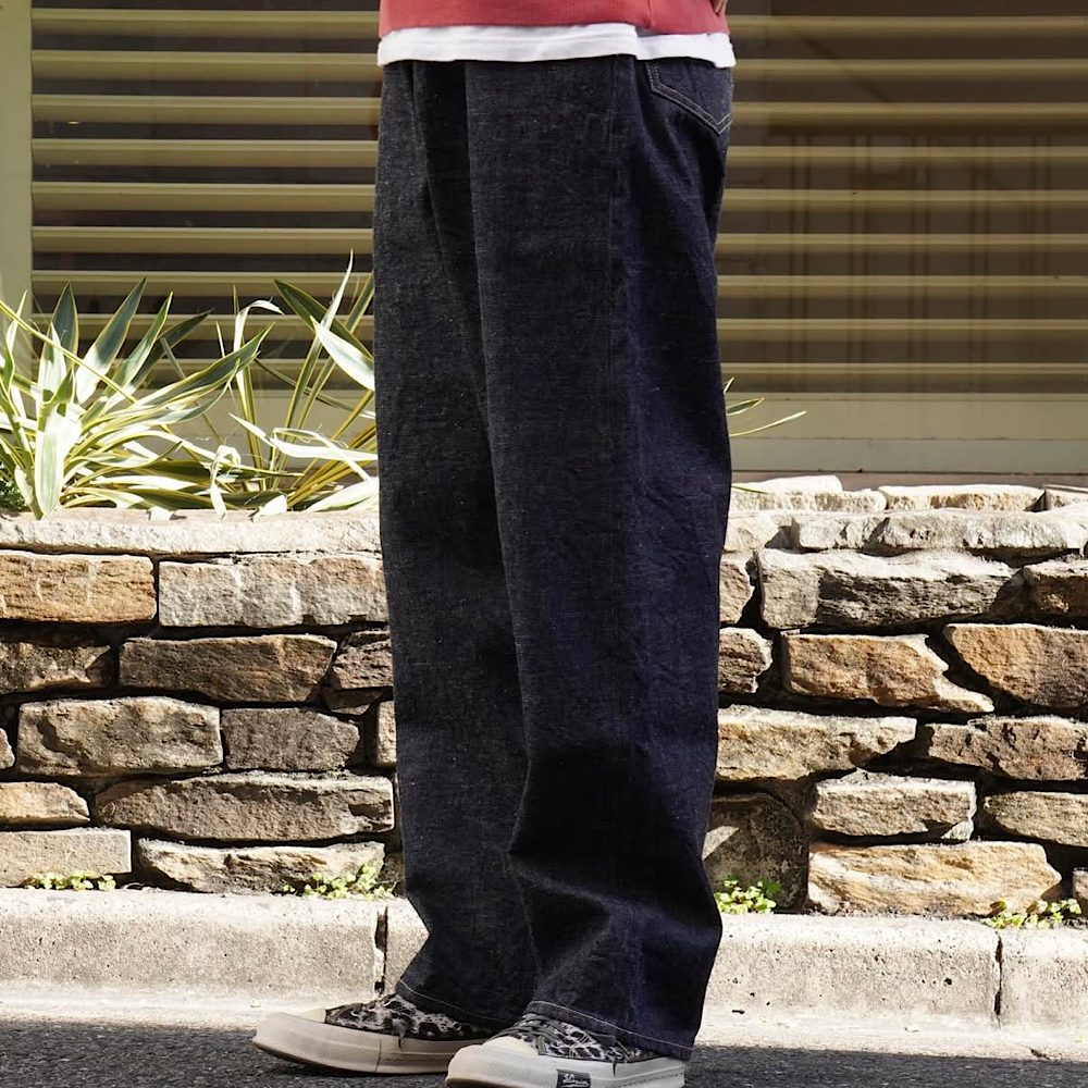 GOLD - RECYCLED WASTE SUVIN COTTON YARN 14oz. DENIM 5POCKET WIDE PANTS - GL42579A