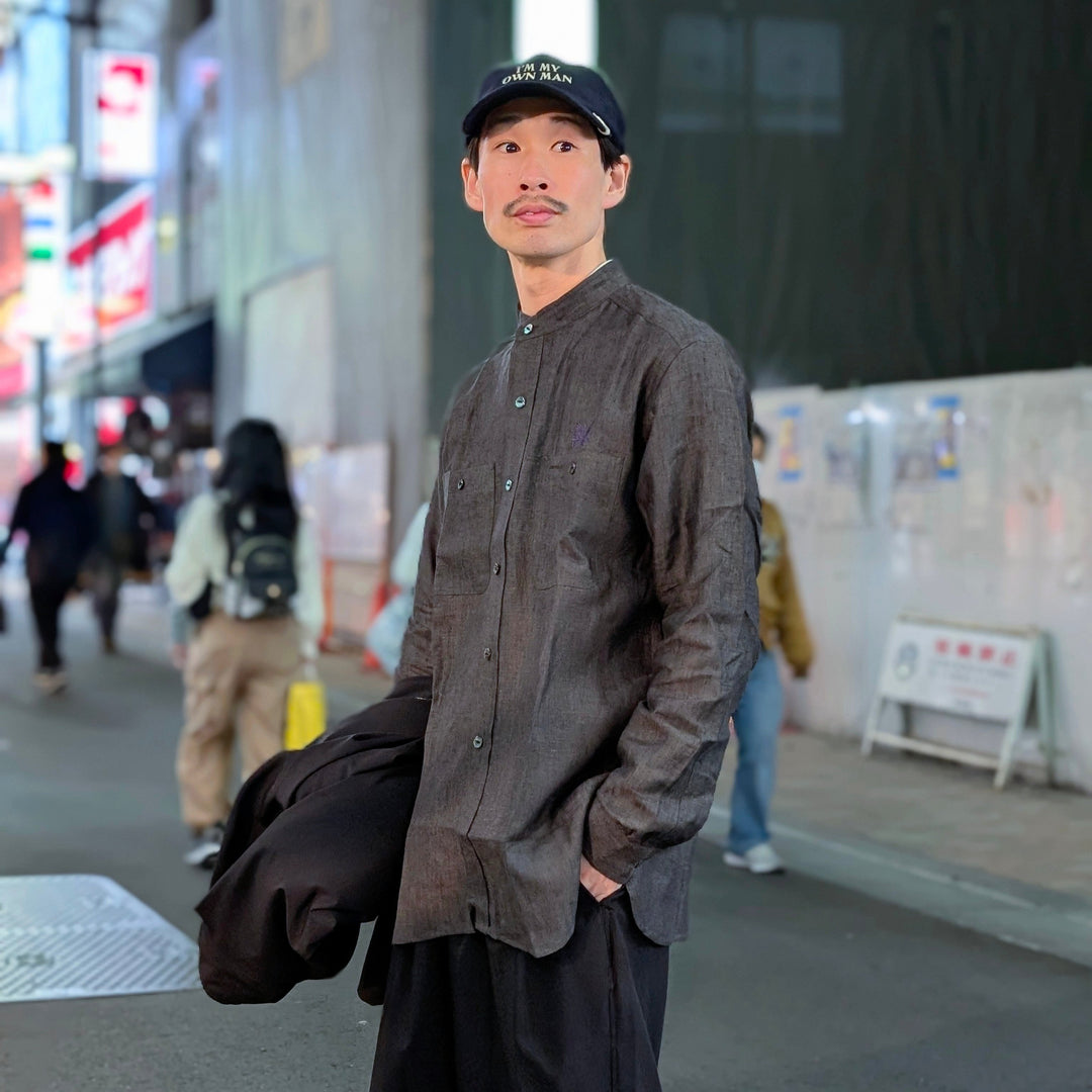 Needles - Band Collar Work Shirt - Linen Chambray - QV292