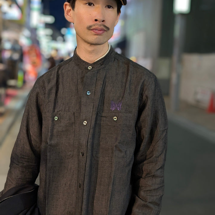 Needles - Band Collar Work Shirt - Linen Chambray - QV292