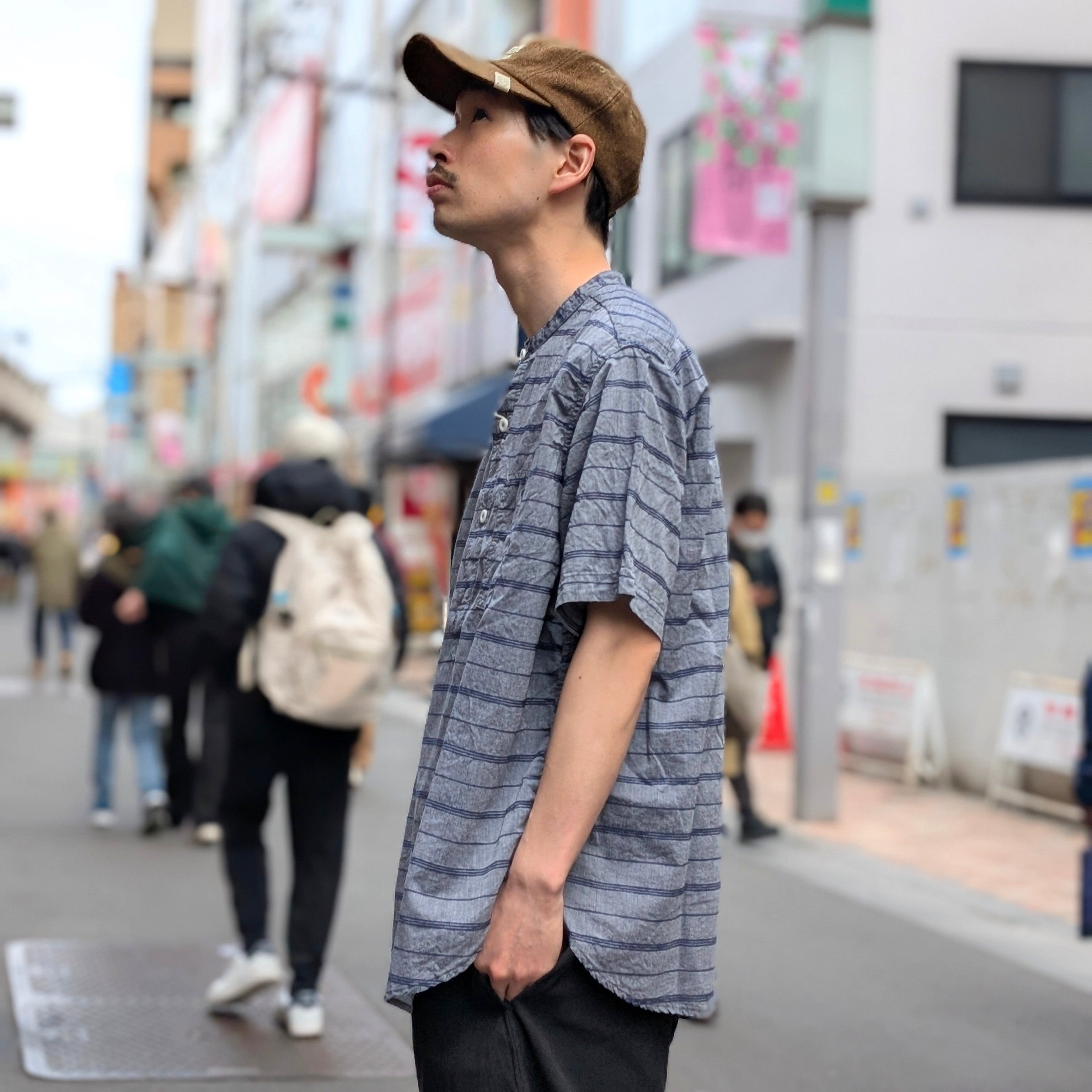 POST O'ALLS - Band Collar Shirt S/S - horizontal stripe gray