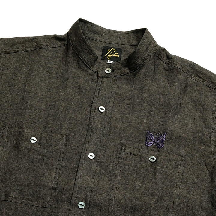 Needles - Band Collar Work Shirt - Linen Chambray - QV292