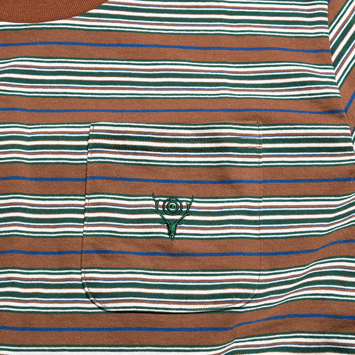 South2 West8 - S/S Round Pocket T-shirt - Cotton Multi Narrow Stripe Jersey - SX742