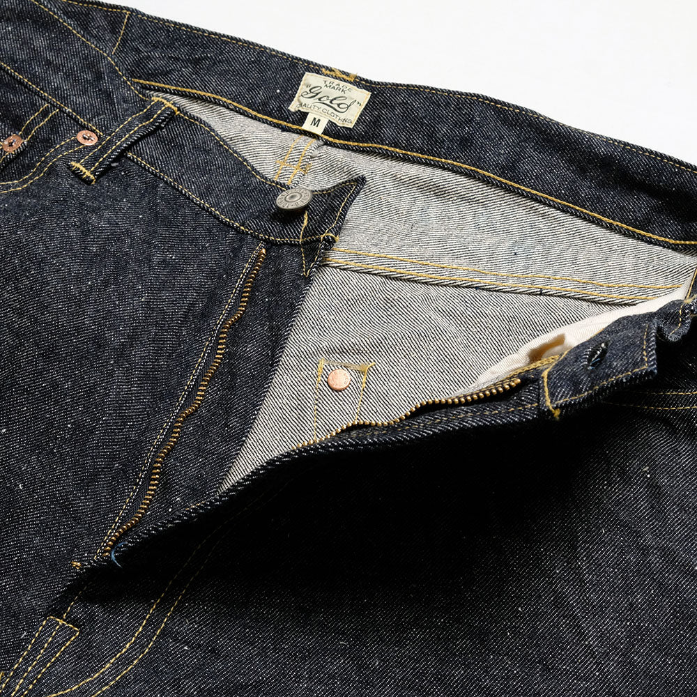 GOLD - RECYCLED WASTE SUVIN COTTON YARN 14oz. DENIM 5POCKET WIDE PANTS - GL42579A