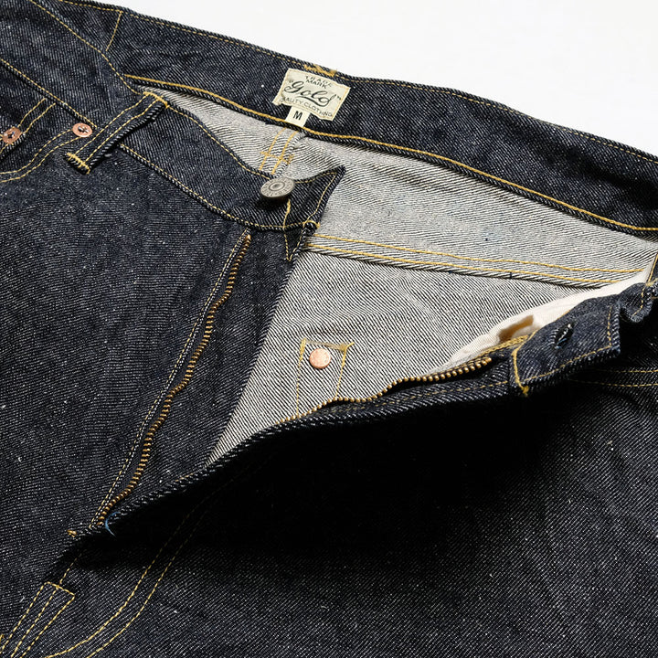 GOLD - RECYCLED WASTE SUVIN COTTON YARN 14oz. DENIM 5POCKET WIDE PANTS - GL42579A