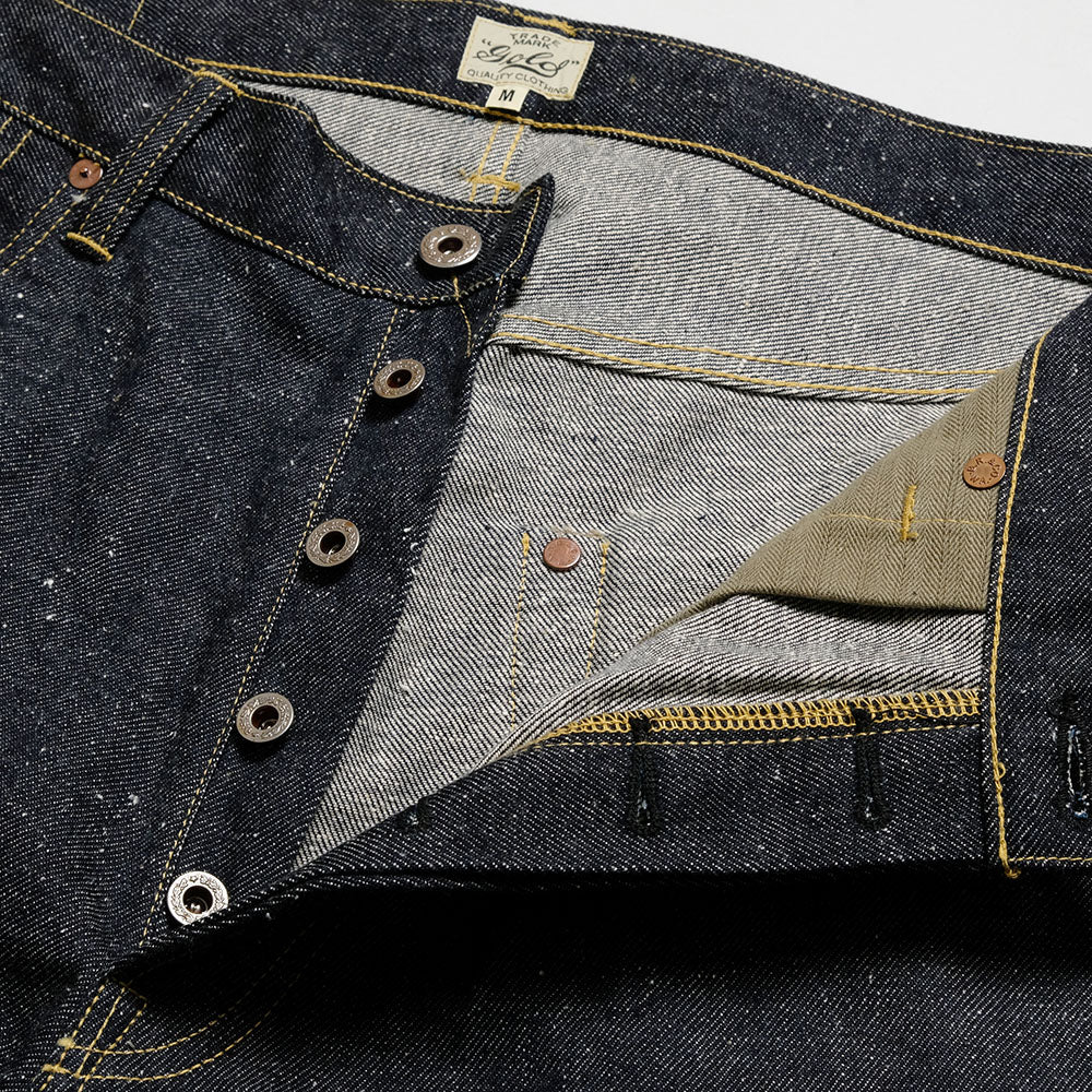 GOLD - RECYCLED WASTE SUVIN COTTON YARN 11.5oz. DENIM 5POCKET WIDE PANTS WWⅡ MODEL - GL42620N