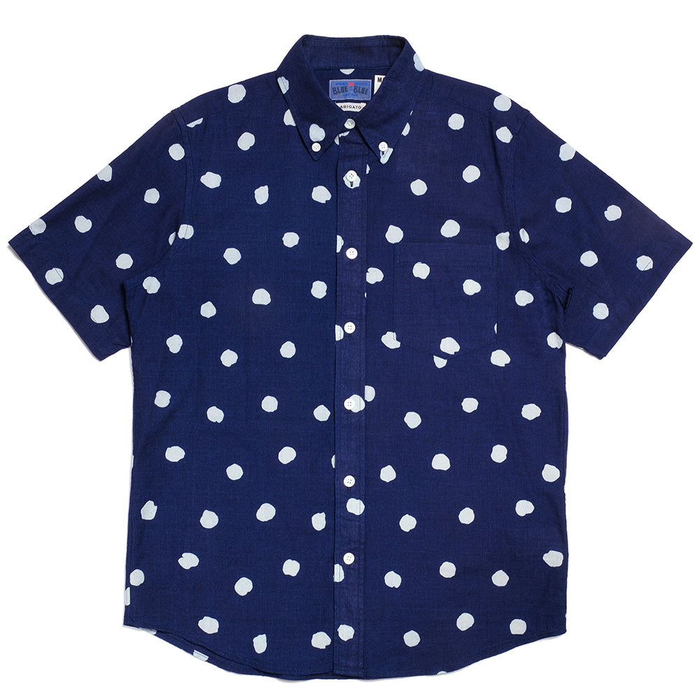 BLUE BLUE JAPAN - Indigo Gauze Button Down Shirt with the discharge print of Hand Drawing Dot.