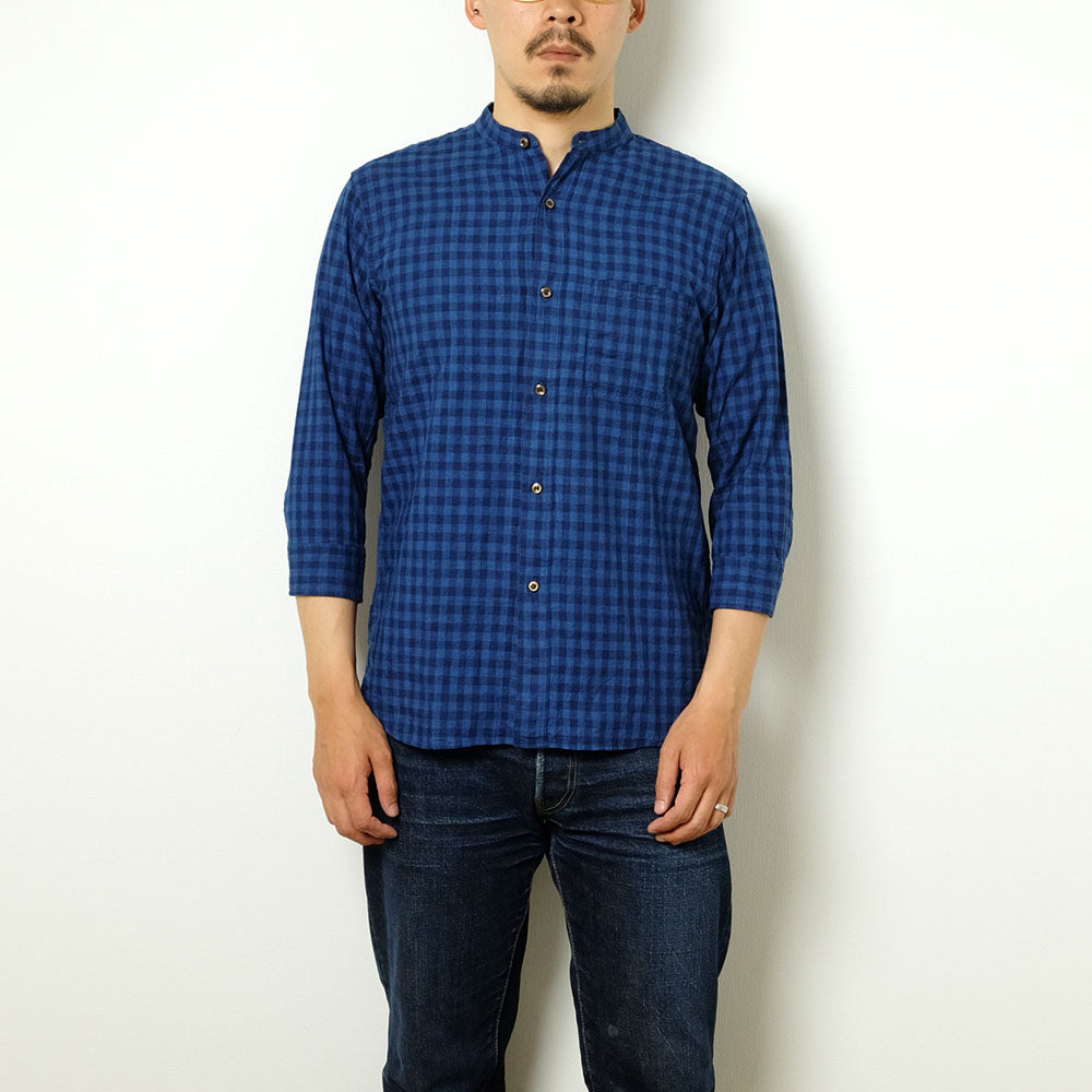 SUN HOUSE - Cotton/Linen 3/4 Sleeve Band Collar Shirt